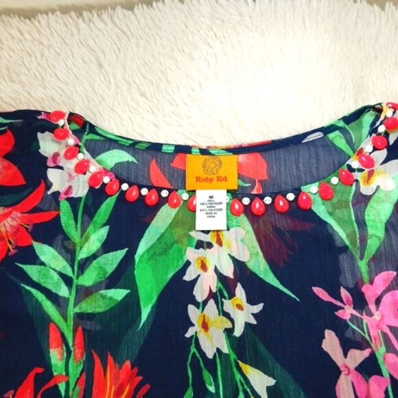 Ruby Road Sheer Tropical Blouse with Dolman Sleeves Beaded Scoop Neck Medium - Picture 6 of 6